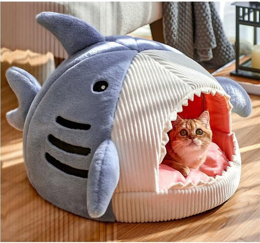 Large Shark-Shaped Cat Bed with Removable and Washable Pillow in Blue